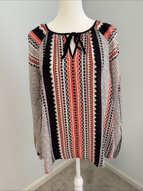 Sanctuary Striped Boho Tie-Neck Blouse in Coral, Black & White Size Small